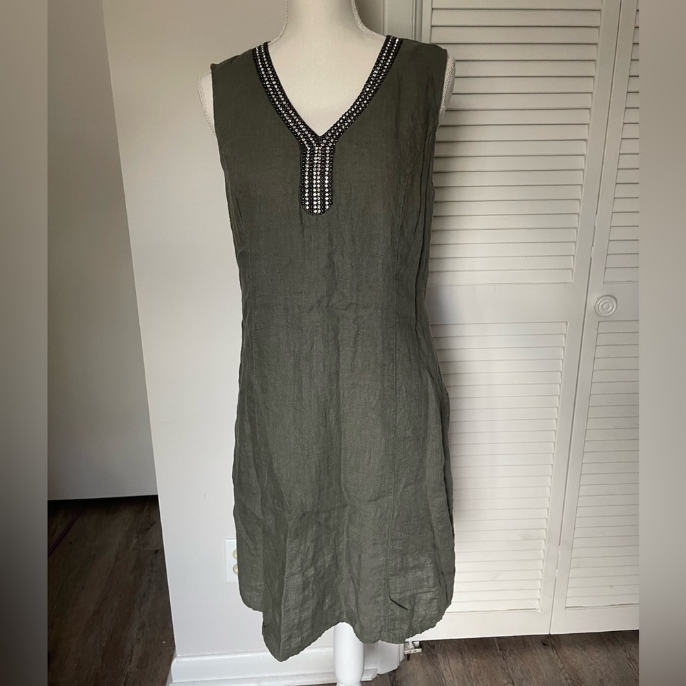 Lina Tomei dark sage green linen shift dress